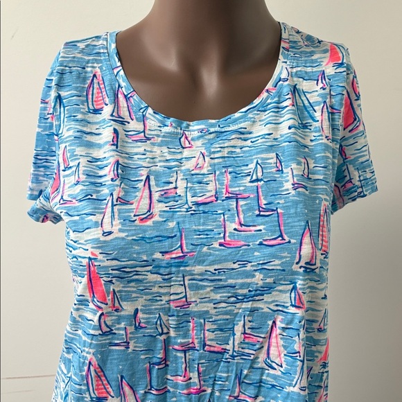 Lilly Pulitzer Etta Scoop Neck Top Tshirt boatylicious Zanzibar Blue Pink Small - Picture 3 of 7